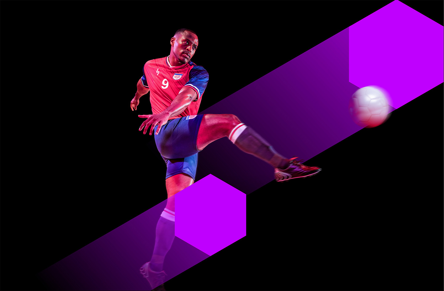 A football player kicking a ball, cut out on a black background with purple hexagon shapes surrounding him
