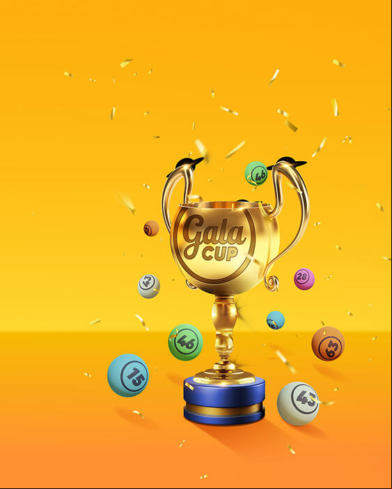 a bingo trophy on a yellow background surrounded by bingo balls
