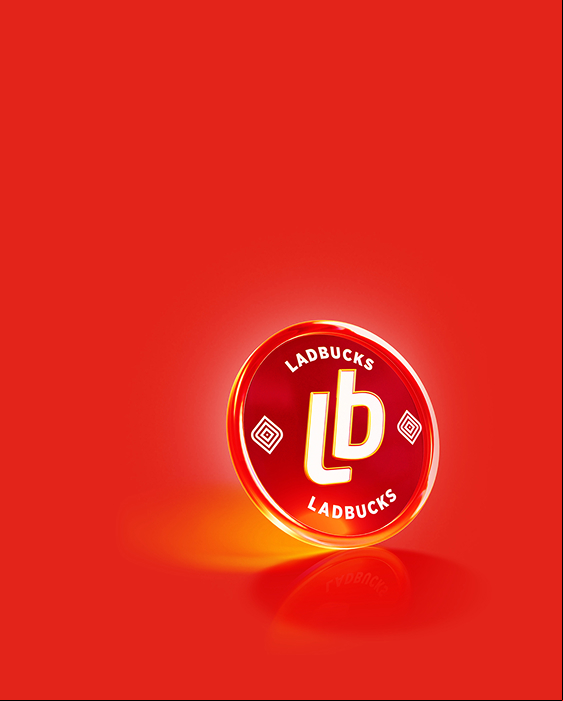 A red glowing coin with the 'ladbucks' logo on it